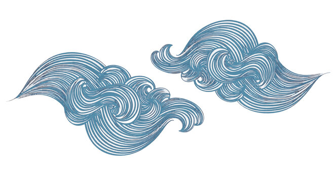 Stylized azure blue ocean wave clusters with intricate curved line patterns on a white background. Abstract sea surf illustrations in a Japanese art aesthetic featuring rhythmic swirling motions.