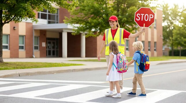 Smiling female crossing guard in red shirt and yellow safety vest holding up red stop sign for safety of elementary school students walking towards school building on sunny morning.