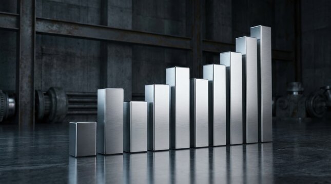 Luxury 3D bar chart, platinum bars, sharp reflections, dark industrial background, no people, no text, no logos, no buildings