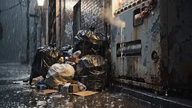 Vintage ramen vending machine glowing in a dark rainy urban alleyway at night next to piled trash bags and graffiti brick wall on wet pavement under a dim street light.