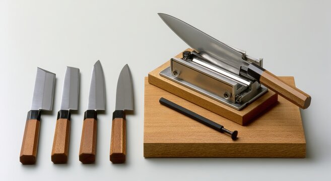 Professional Kitchen Knife Set Isolated on White Background with Stainless Steel Blades and Black Handles for Cooking, Culinary Tools, and Kitchen Equipment Collection