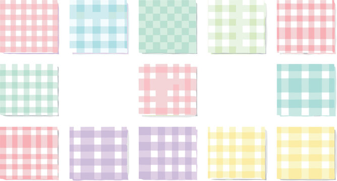 Pastel gingham seamless pattern set with colorful checkered plaid note paper textures for cute scrapbooking background vector illustration