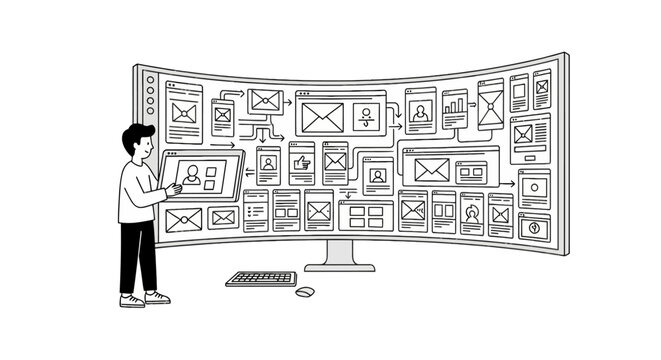 Software developer analyzing website wireframes on large curved screen