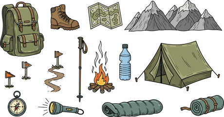 Outdoor camping and hiking adventure vector elements set featuring tent backpack mountains campfire compass map and gear © Kulsum