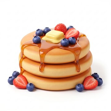 Stacked pancakes with butter, syrup, strawberries and blueberries