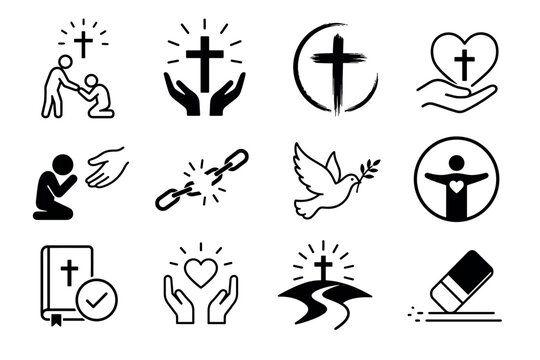 Christian religious icons set representing faith and salvation, featuring symbols of the cross, dove of peace, holy bible, broken chains, and prayer