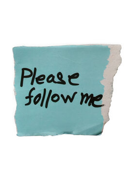 Handwritten please follow me message on a torn teal colored sticky note transparent background