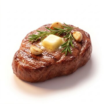 Grilled beef steak with garlic butter and rosemary herb garnish on white plate close up