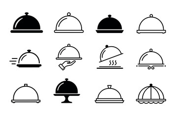 Fototapeta premium Restaurant food cloche platter cover vector icons set representing catering, waiter service, fine dining, and hot meal delivery options