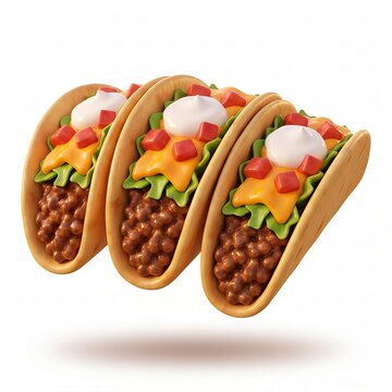 Stacked colorful vegetarian tacos with beans, cheese, and fresh toppings on white background