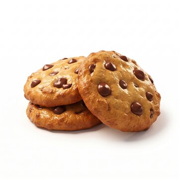 Stacked chocolate chip cookies on white background