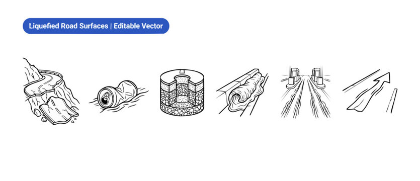 Liquefied road surface vector icon set showing melting asphalt, landslide damage, cracked highway pavement, rutted toll booth lanes under extreme heat wave conditions depicting infrastructure failure.