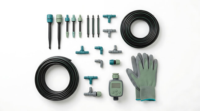 Gardening irrigation system components including hoses, connectors, timer, and gloves arranged on a white background for easy identification and organization