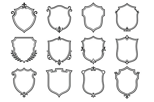 Vintage heraldic shield frames and crest outlines featuring elegant black line art designs with ornate flourishes, laurel wreaths, and classic royal emblems for luxury branding