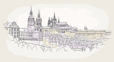 Obraz premium Line art illustration of Prague Castle complex featuring St. Vitus Cathedral and historical architecture with soft watercolor washes in Czech Republic cityscape drawing style.