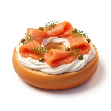 Close up of fresh salmon slices on creamy dill sauce bagel with garnish