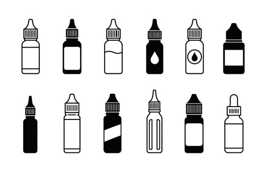Dropper bottle icons for e-liquid packaging set featuring various shapes of plastic and glass containers with pipettes, screw caps, and labels for vape juice or eye drops