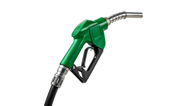 Green and black automatic fuel gas pump nozzle isolated on transparent background cut out