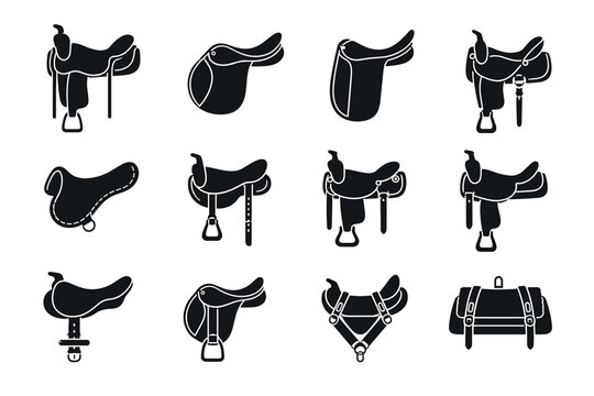 Horse saddle icons and equestrian equipment silhouettes including western and english style saddles with stirrups and saddlebags for horse riding design