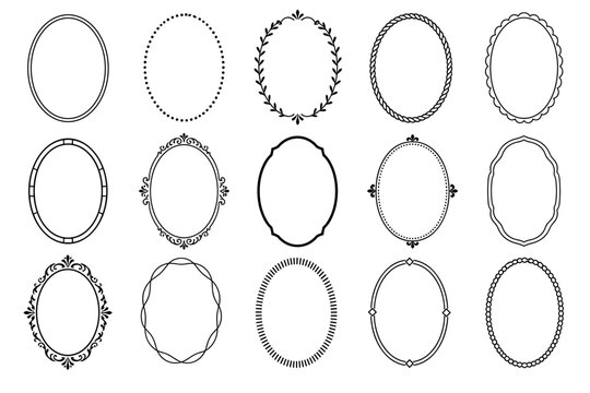 Decorative oval frames and vintage borders set featuring various elegant designs including floral wreaths, dotted lines, rope patterns, and classic baroque filigree ornaments
