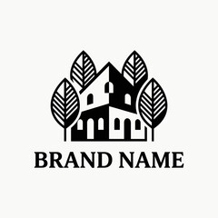 Obraz premium Black house icon with stylized leafy trees.