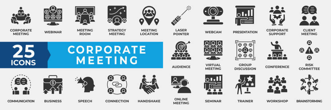 Corporate Meeting Icon Set. Containing meeting. corporate, business, webinar, meeting room, strategy, location, webcam, presentation, conference, virtual and online. Simple Glyph Vector Illustration.