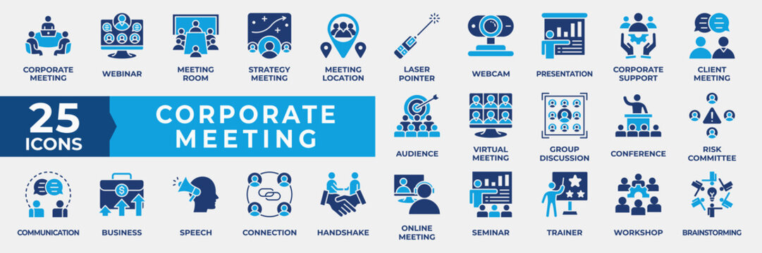 Corporate Meeting Icon Set. Containing Meeting. corporate, business, webinar, meeting room, strategy, location, webcam, presentation, conference, virtual, online. Simple Flat Blue Vector Illustration.