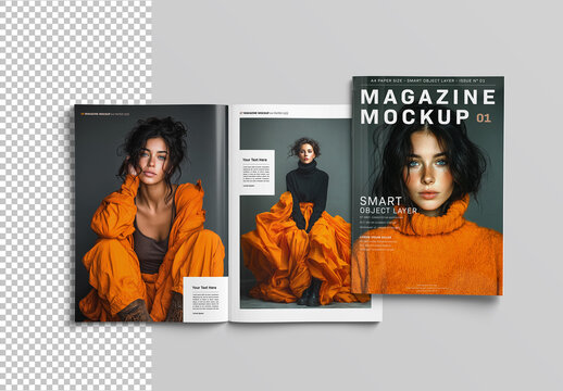 Open Magazine and Magazine Cover Mockup Isolated on White Background