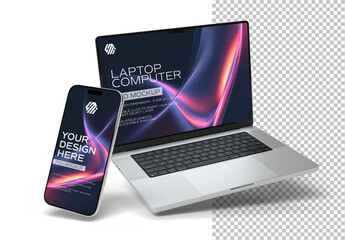 Isolated Silver Smartphone and Laptop Floating on White Background Mockup