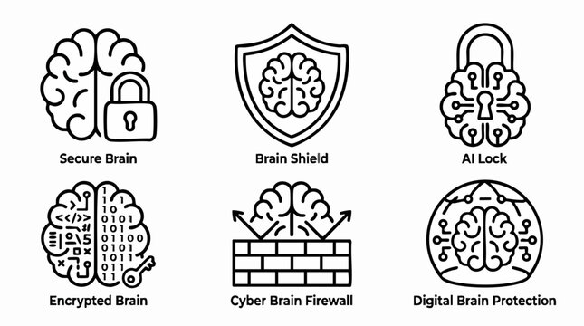 Cybersecurity brain icons set, 6 digital brain protection vector elements, artificial intelligence security and data encryption line art graphics