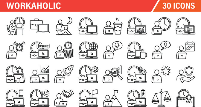 Workaholic business people line icons set of office burnout overtime hard working and stressful corporate lifestyle deadline concept vector