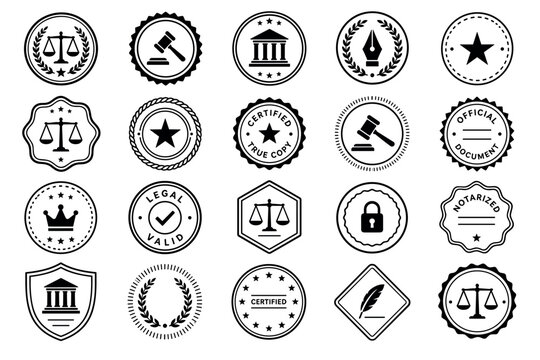 Legal and notary stamp icons including scales of justice, judge gavel, courthouse, certified seals, and official document badges for law and justice concepts