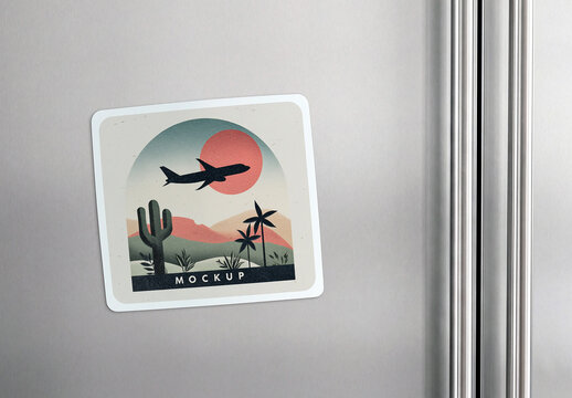 Squared Sticker Mockup on Refrigerator Door &ndash; Blank Label on Fridge Branding Scene