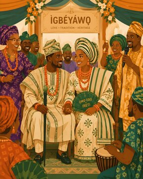 Nigerian Yoruba Traditional Wedding Ceremony with Bride and Groom in Aso Oke &ndash; Vibrant Cultural Flat Design Illustration