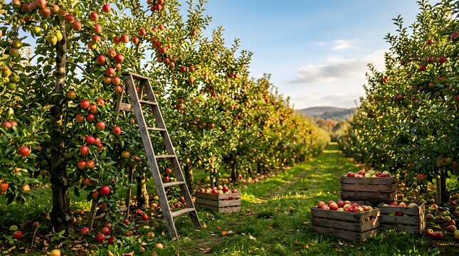 Apple Orchard Harvest Season with Ripe Fruit and Wooden Crates