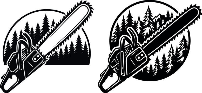 Chainsaw and forest silhouette vector icons with chainsaw lumberjack woodcutting forestry