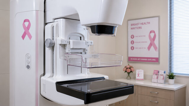 Digital mammography machine in a screening room, pink breast health awareness ribbon sticker on the machine. Breast health screening concept.