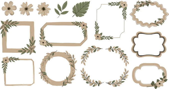 Rustic botanical floral frame collection with hand drawn vintage borders wreaths and green leaves borders vector illustration