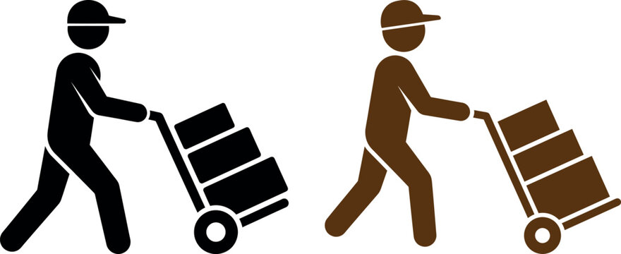Delivery person carrying cardboard boxes on hand truck logistic service vector icons with delivery