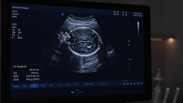 Close-up of an obstetric ultrasound monitor screen showing a clear fetal image with head circumference measurement calipers on screen