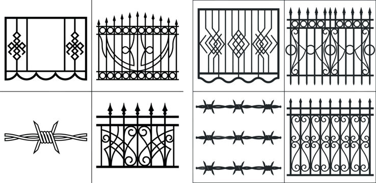 Collection of decorative metal fences and barbed wire elements with security ornamental protection