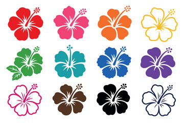 Obraz premium Hibiscus flower vector icons in various colors featuring tropical Hawaiian floral silhouettes and outlines for summer designs, beach themes, and exotic botanical decorations