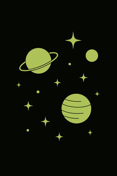 Minimal green planets and stars on black background. Retro space illustration with Saturn ring planet and sparkles. Simple flat design for print, posters, and digital projects.