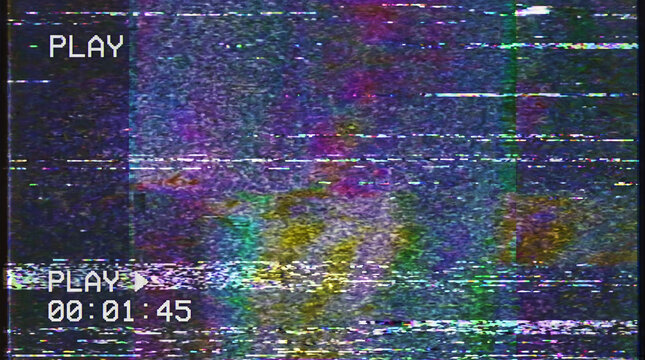 VHS tape glitch screen with PLAY text, timecode and colorful static. Retro analog TV distortion, scan lines and RGB noise. Overlay texture for nostalgic photo editing.