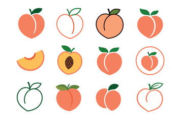 Fototapeta premium Peach vector icons set with various designs including whole fruits, slices, halves with pits, and outline styles for graphic design and branding
