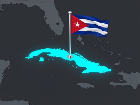 3D map of cuba with national flag pin on dark grey background, caribbean
