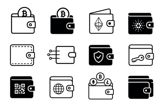 Cryptocurrency wallet icons in vector format representing digital finance, blockchain technology, secure online payments, and electronic money transactions
