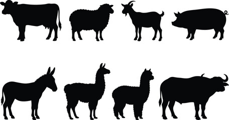 Fototapeta premium Farm Animal Silhouette Collection Set with Cow Sheep Goat Pig Donkey Llama Buffalo Vectors