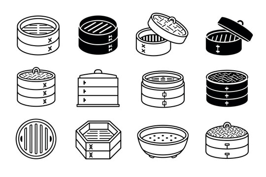 Bamboo steamer icons for dim sum cooking set of black and white vector line art illustrations representing traditional Asian kitchen utensils and Chinese food preparation equipment
