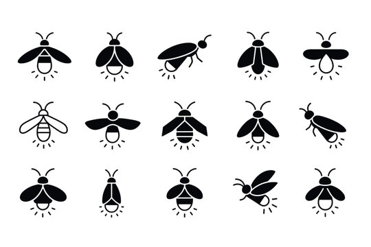 Firefly icons set of glowing lightning bugs featuring various minimalist black silhouette designs of flying and crawling insects with shining abdomens for graphic design projects